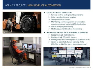 TSXV: FPC | WWW.FALCORES.COM | 10
HORNE 5 PROJECT| HIGH LEVEL OF AUTOMATION
 STATE-OF-THE-ART OPERATION
 Surface control underground operations:
 Hoist – production and services
 Teleoperation of loaders
 Monitoring and management of ventilation
requirements and paste backfill distribution
 Water pumping monitoring
 Staff & equipment location monitoring
 HIGH CAPACITY PRODUCTION MINING EQUIPMENT
 Scoop tram: 21 metric tonnes
 Haulage truck: 63 metric tonnes
 Conveyor system from deposit to Quemont shaft
 Ability to operate between working shifts
(20h/day vs 14h/day for a conventional mine)
 