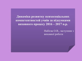 Динаміка розвитку психосоціальних
компетентностей учнів за підсумками
виховного процесу 2016 – 2017 н.р.
Набієва О.В., заступник з
виховної роботи
 