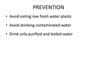 PREVENTION
• Avoid eating raw fresh water plants
• Avoid drinking contaminated water
• Drink only purified and boiled water
 