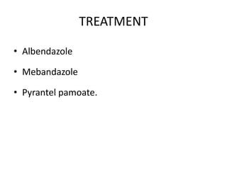 TREATMENT
• Albendazole
• Mebandazole
• Pyrantel pamoate.
 