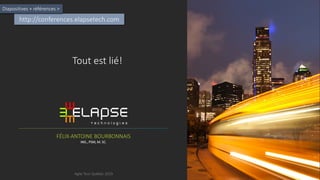 http://conferences.elapsetech.com
Diapositives + références >
FÉLIX-ANTOINE BOURBONNAIS
ING., PSM, M. SC.
Agile Tour Québec 2019
Tout est lié!
 