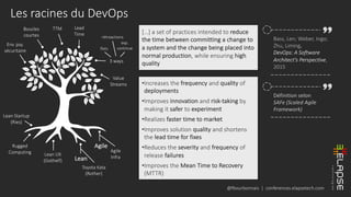 @fbourbonnais | conferences.elapsetech.com
Les racines du DevOps
[…] a set of practices intended to reduce
the time between committing a change to
a system and the change being placed into
normal production, while ensuring high
quality
•Increases the frequency and quality of
deployments
•Improves innovation and risk-taking by
making it safer to experiment
•Realizes faster time to market
•Improves solution quality and shortens
the lead time for fixes
•Reduces the severity and frequency of
release failures
•Improves the Mean Time to Recovery
(MTTR)
Bass, Len; Weber, Ingo;
Zhu, Liming,
DevOps: A Software
Architect's Perspective,
2015
Définition selon
SAFe (Scaled Agile
Framework)
Lean
Toyota Kata
(Rother)
Agile
Agile
Infra
Lean UX
(Gothelf)
Lean Startup
(Ries)
Rugged
Computing
Env. psy.
sécuritaire
Boucles
courtes
3 ways
flots
rétroactions
exp.
continue
Value
Streams
Lead
Time
TTM
 