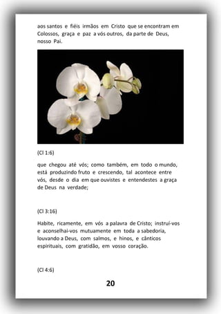 20
aos santos e fiéis irmãos em Cristo que se encontram em
Colossos, graça e paz a vós outros, da parte de Deus,
nosso Pai.
(Cl 1:6)
que chegou até vós; como também, em todo o mundo,
está produzindo fruto e crescendo, tal acontece entre
vós, desde o dia em que ouvistes e entendestes a graça
de Deus na verdade;
(Cl 3:16)
Habite, ricamente, em vós a palavra de Cristo; instruí-vos
e aconselhai-vos mutuamente em toda a sabedoria,
louvando a Deus, com salmos, e hinos, e cânticos
espirituais, com gratidão, em vosso coração.
(Cl 4:6)
 