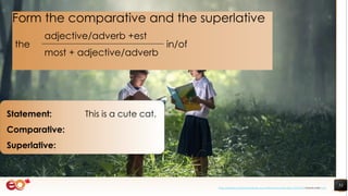 53
Statement: This is a cute cat.
Comparative:
Superlative:
Form the comparative and the superlative
the
adjective/adverb +est
in/of
most + adjective/adverb
https://pixabay.com/photos/book-asia-children-boys-education-1822474/ shared under CC0
 