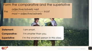 56
Statement: I am smart.
Comparative: I’m smarter than you.
Superlative: I’m the smartest person in this class.
Form the comparative and the superlative
the
adjective/adverb +est
in/of
most + adjective/adverb
https://pixabay.com/photos/book-asia-children-boys-education-1822474/ shared under CC0
 