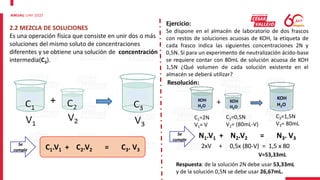 2.2 MEZCLA DE SOLUCIONES
Es una operación física que consiste en unir dos o más
soluciones del mismo soluto de concentraciones
diferentes y se obtiene una solución de concentración
intermedia(C3).
Se
cumple C1.V1 + C2.V2 = C3. V3
Ejercicio:
Se dispone en el almacén de laboratorio de dos frascos
con restos de soluciones acuosas de KOH, la etiqueta de
cada frasco indica las siguientes concentraciones 2N y
0,5N. Si para un experimento de neutralización ácido-base
se requiere contar con 80mL de solución acuosa de KOH
1,5N ¿Qué volumen de cada solución existente en el
almacén se deberá utilizar?
Resolución:
C1=2N
V1= V
C3=1,5N
V3= 80mL
C2=0,5N
V2= (80mL-V)
Se
cumple
N1.V1 + N2.V2 = N3. V3
2xV + 0,5x (80-V) = 1,5 x 80
V=53,33mL
KOH
H2O
KOH
H2O
KOH
H2O
Respuesta: de la solución 2N debe usar 53,33mL
y de la solución 0,5N se debe usar 26,67mL.
 