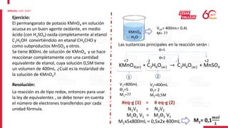 Ejercicio:
El permanganato de potasio KMnO4 en solución
acuosa es un buen agente oxidante, en medio
ácido (con H2SO4) oxida completamente al etanol
C2H5OH convirtiéndolo en etanal CH3CHO y
como subproductos MnSO4 y otros.
Se tiene 800mL de solución de KMnO4 y se hace
reaccionar completamente con una cantidad
equivalente de etanol, cuya solución 0,5M tiene
un volumen de 400mL. ¿Cuál es la molaridad de
la solución de KMnO4?
Resolución:
La reacción es de tipo redox, entonces para usar
la ley de equivalentes , se debe tener en cuenta
el número de electrones transferidos por cada
unidad fórmula.
KMnO4
H2O
Vsol= 400mL= 0,4L
M= ??
Las sustancias principales en la reacción serán :
KMnO4(ac) + C2H6O(ac) → C2H4O(ac) + MnSO4
+7 +2
-2 -1
ϴ=5
ϴ=2
1 2
V1=800mL
ϴ1=5
M1=??
V2=400mL
ϴ2= 2
M2=0,5M
#eq-g (1) = # eq-g (2)
N1V1 = N2V2
M1ϴ1 V1 = M2ϴ2 V2
M1x5x800mL = 0,5x2x 400mL M1= 0,1
𝒎𝒐𝒍
𝑳
 