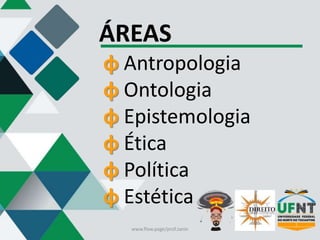 ÁREAS
φ Antropologia
φ Ontologia
φ Epistemologia
φ Ética
φ Política
φ Estética
www.flow.page/prof.zanin
 