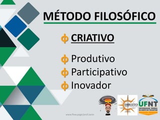 MÉTODO FILOSÓFICO
φ CRIATIVO
φ Produtivo
φ Participativo
φ Inovador
www.flow.page/prof.zanin
 