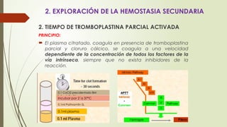 2. EXPLORACIÓN DE LA HEMOSTASIA SECUNDARIA
2. TIEMPO DE TROMBOPLASTINA PARCIAL ACTIVADA
PRINCIPIO:
 El plasma citratado, coagula en presencia de tromboplastina
parcial y cloruro cálcico, se coagula a una velocidad
dependiente de la concentración de todos los factores de la
vía intrínseca, siempre que no exista inhibidores de la
reacción.
0.1ml plasma
0.1ml Pathromtin SL
Incubar por 2´a 37ºC
0.1 CaCl2 precalentado BM
 