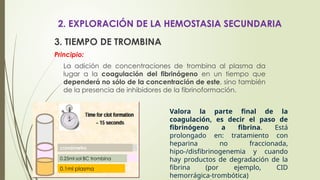 2. EXPLORACIÓN DE LA HEMOSTASIA SECUNDARIA
3. TIEMPO DE TROMBINA
Principio:
La adición de concentraciones de trombina al plasma da
lugar a la coagulación del fibrinógeno en un tiempo que
dependerá no sólo de la concentración de este, sino también
de la presencia de inhibidores de la fibrinoformación.
cronómetro
0.1ml plasma
0.25ml sol BC trombina
Valora la parte final de la
coagulación, es decir el paso de
fibrinógeno a fibrina. Está
prolongado en: tratamiento con
heparina no fraccionada,
hipo-/disfibrinogenemia y cuando
hay productos de degradación de la
fibrina (por ejemplo, CID
hemorrágica-trombótica)
 