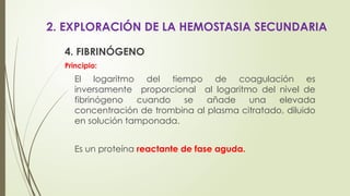 2. EXPLORACIÓN DE LA HEMOSTASIA SECUNDARIA
4. FIBRINÓGENO
Principio:
El logaritmo del tiempo de coagulación es
inversamente proporcional al logaritmo del nivel de
fibrinógeno cuando se añade una elevada
concentración de trombina al plasma citratado, diluido
en solución tamponada.
Es un proteína reactante de fase aguda.
 