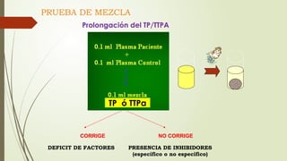 PRUEBA DE MEZCLA
CORRIGE NO CORRIGE
DEFICIT DE FACTORES PRESENCIA DE INHIBIDORES
(específico o no específico)
TP ó TTPa
Prolongación del TP/TTPA
 