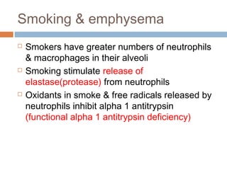 Smoking & emphysema
 Smokers have greater numbers of neutrophils
& macrophages in their alveoli
 Smoking stimulate release of
elastase(protease) from neutrophils
 Oxidants in smoke & free radicals released by
neutrophils inhibit alpha 1 antitrypsin
(functional alpha 1 antitrypsin deficiency)
 