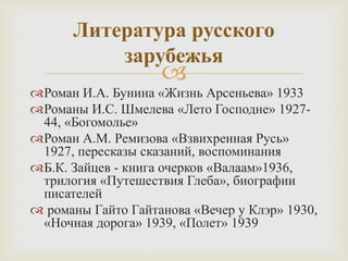 
Роман И.А. Бунина «Жизнь Арсеньева» 1933
Романы И.С. Шмелева «Лето Господне» 1927-
44, «Богомолье»
Роман А.М. Ремизова «Взвихренная Русь»
1927, пересказы сказаний, воспоминания
Б.К. Зайцев - книга очерков «Валаам»1936,
трилогия «Путешествия Глеба», биографии
писателей
 романы Гайто Гайтанова «Вечер у Клэр» 1930,
«Ночная дорога» 1939, «Полет» 1939
Литература русского
зарубежья
 