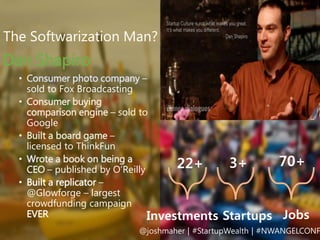 The Softwarization Man?
Dan Shapiro
• Consumer photo company –
sold to Fox Broadcasting
• Consumer buying
comparison engin...