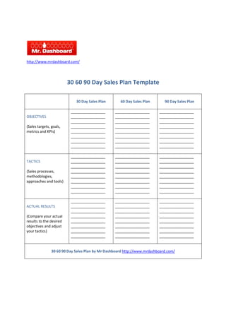 http://www.mrdashboard.com/
30 60 90 Day Sales Plan Template
30 Day Sales Plan 60 Day Sales Plan 90 Day Sales Plan
OBJECTIVES
(Sales targets, goals,
metrics and KPIs)
_________________
_________________
_________________
_________________
_________________
_________________
_________________
_________________
_________________
_________________
_________________
_________________
_________________
_________________
_________________
_________________
_________________
_________________
_________________
_________________
_________________
_________________
_________________
_________________
TACTICS
(Sales processes,
methodologies,
approaches and tools)
_________________
_________________
_________________
_________________
_________________
_________________
_________________
_________________
_________________
_________________
_________________
_________________
_________________
_________________
_________________
_________________
_________________
_________________
_________________
_________________
_________________
_________________
_________________
_________________
ACTUAL RESULTS
(Compare your actual
results to the desired
objectives and adjust
your tactics)
_________________
_________________
_________________
_________________
_________________
_________________
_________________
_________________
_________________
_________________
_________________
_________________
_________________
_________________
_________________
_________________
_________________
_________________
_________________
_________________
_________________
_________________
_________________
_________________
http://www.mrdashboard.com/
30 60 90 Day Sales Plan by Mr Dashboard
 