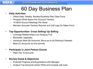 60 Day Business Plan Daily Activities Utilize Daily, Weekly, Monthly/Quarterly Plan/ Sale Force Prospect White Space Per Account/ Territory 10 NEW Account Meetings Per Week Maintain Accurate Territory Records and Call Logs On Sales Force Top Opportunities- Cross Selling/ Up Selling   Leverage Relationships-Low Hanging Fruit Renewals, Upgrades Introduce/ Meet (B) Accounts, Move up to (A) Ranking if Needed Meet (C) Accounts as time permits Participate in Joint Partner Events Meet Top 10 accounts Review Goals & Objectives Evaluate Progress and Expectations with Manager  Analyze Top Accounts and/or White and Increase call cycle 