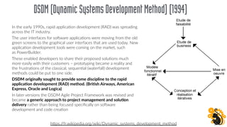 DSDM(DynamicSystemsDevelopmentMethod)(1994)
In the early 1990s, rapid applicaFon development (RAD) was spreading
across the IT industry.
The user interfaces for sobware applicaFons were moving from the old
green screens to the graphical user interfaces that are used today. New
applicaFon development tools were coming on the market, such
as PowerBuilder.
These enabled developers to share their proposed soluFons much
more easily with their customers – prototyping became a reality and
the frustraFons of the classical, sequenFal (waterfall) development
methods could be put to one side.
DSDM originally sought to provide some discipline to the rapid
applica(on development (RAD) method. (Bri(sh Airways, American
Express, Oracle and Logica)
In later versions the DSDM Agile Project Framework was revised and
became a generic approach to project management and solu(on
delivery rather than being focused speciﬁcally on sobware
development and code creaFon
hOps://fr.wikipedia.org/wiki/Dynamic_systems_development_method
 