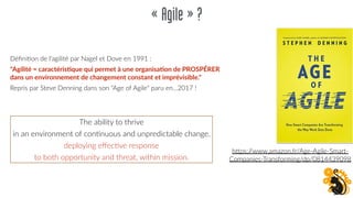 «Agile»?
DéﬁniFon de l'agilité par Nagel et Dove en 1991 :
"Agilité = caractéris(que qui permet à une organisa(on de PROSPÉRER
dans un environnement de changement constant et imprévisible."
Repris par Steve Denning dans son "Age of Agile" paru en…2017 !
hOps://www.amazon.fr/Age-Agile-Smart-
Companies-Transforming/dp/0814439098
The ability to thrive
in an environment of conFnuous and unpredictable change.
deploying eﬀecFve response
to both opportunity and threat, within mission.
 