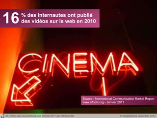 16 % des internautes ont publié des vidéos sur le web en 2010 © weegeebored (www.flickr.com) Source : International Communication Market Report www.ofcom.org - Janvier 2011 30 chiffres-clés Social Media pour l’année 2011 par Mediaventilo 