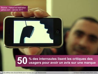 50 % des internautes lisent les critiques des usagers pour avoir un avis sur une marque © Florin Hatmanu (www.flickr.com) Source : Yahoo! et AddValue yahoo.com - Janvier 2011 30 chiffres-clés Social Media pour l’année 2011 par Mediaventilo 
