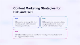 Content Marketing Strategies for
B2B and B2C
B2B
B2B companies can leverage data-driven
content to appeal to high-level decision-
makers and generate leads.
B2C
B2C companies can use social media and
user-generated content to create a more
authentic and relatable brand image.
Both
Both B2B and B2C companies can use influencer marketing and personalized content to
drive engagement and conversions.
 
