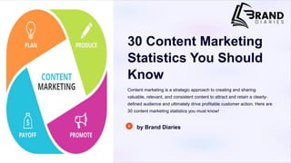 30 Content Marketing
Statistics You Should
Know
Content marketing is a strategic approach to creating and sharing
valuable, relevant, and consistent content to attract and retain a clearly-
defined audience and ultimately drive profitable customer action. Here are
30 content marketing statistics you must know!
by Brand Diaries
 