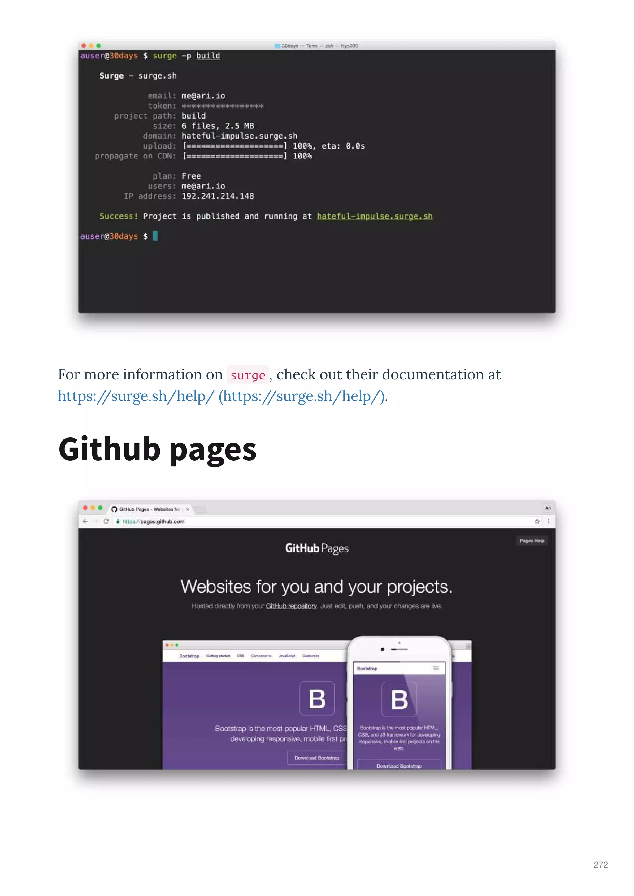 Fo mo e info mation on surge , check out thei documentation at
https://su ge.sh/help/ https://su ge.sh/help/ .
Github pages
272
 