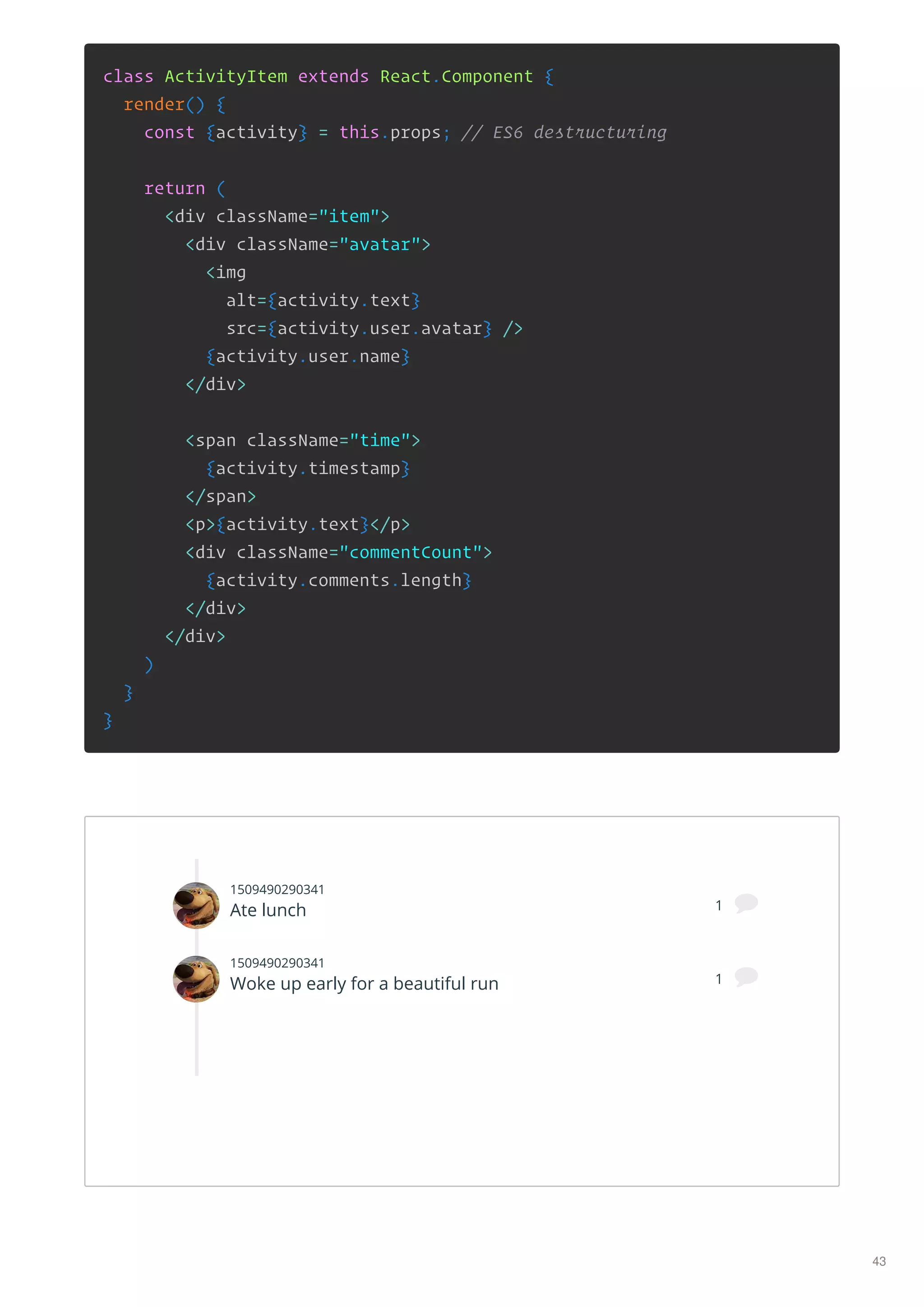 class ActivityItem extends React.Component {
render() {
const {activity} = this.props; // ES6 destructuring
return (
<div className="item">
<div className="avatar">
<img
alt={activity.text}
src={activity.user.avatar} />
{activity.user.name}
</div>
<span className="time">
{activity.timestamp}
</span>
<p>{activity.text}</p>
<div className="commentCount">
{activity.comments.length}
</div>
</div>
)
}
}
1509490290341
Ate lunch 1 
1509490290341
Woke up early for a beautiful run 1 
43
 