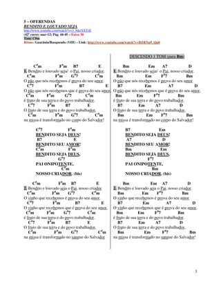 5 – OFERENDAS
BENDITO E LOUVADO SEJA
http://www.youtube.com/watch?v=3_9da5JXTzE
(42º curso: mar-12) Pág. 44-45 – Faixa 30
Tom: C#m
Ritmo: Guarânia/Rasqueado (VIII) – Link: http://www.youtube.com/watch?v=Bi5RNn9_Qp0



                                                                DESCENDO 1 TOM (para Bm)

      C#m              F#m    B7            E               Bm              Em      A7             D
1. Bendito e louvado seja/ o Pai, nosso criador.      1. Bendito e louvado seja/ o Pai, nosso criador.
  C#m               F#m      G#7           C#m          Bm                Em        F#7           Bm
O pão que nós recebemos é prova do seu amor.          O pão que nós recebemos é prova do seu amor.
  C#7               F#m           B7             E       B7               Em            A7             D
O pão que nós recebemos que é prova do seu amor,      O pão que nós recebemos que é prova do seu amor,
 C#m          F#m         G#7         C#m              Bm           Em         F# 7          Bm
é fruto de sua terra e do povo trabalhador.           é fruto de sua terra e do povo trabalhador.
   C #7        F#m        B7           E                 B7           Em        A7            D
O fruto de sua terra e do povo trabalhador,           O fruto de sua terra e do povo trabalhador,
   C #m             F#m      G#7           C#m           Bm                Em       F#7           Bm
na missa é transformado no corpo do Salvador!         na missa é transformado no corpo do Salvador!

       C#7          F#m                                      B7             Em
       BENDITO SEJA DEUS!                                    BENDITO SEJA DEUS!
       B7              E                                     A7              D
       BENDITO SEU AMOR!                                     BENDITO SEU AMOR!
       C#m          F# m                                     Bm             Em
       BENDITO SEJA DEUS,                                    BENDITO SEJA DEUS,
                G#7                                                   F# 7
       PAI ONIPOTENTE,                                       PAI ONIPOTENTE,
                 C#m                                                     Bm
       NOSSO CRIADOR. (bis)                                  NOSSO CRIADOR. (bis)

      C#m             F#m B7                E               Bm                Em A7               D
2. Bendito e louvado seja o Pai, nosso criador.       2. Bendito e louvado seja o Pai, nosso criador.
  C#m             F#m      G#7           C#m             Bm             Em       F#7           Bm
O vinho que recebemos é prova do seu amor.            O vinho que recebemos é prova do seu amor.
  C#7             F#m          B7             E          B7              Em            A7             D
O vinho que recebemos que é prova do seu amor,        O vinho que recebemos que é prova do seu amor,
 C#m          F#m        G#7           C#m              Bm           Em         F# 7         Bm
é fruto de sua terra e do povo trabalhador.           é fruto de sua terra e do povo trabalhador.
   C #7        F#m        B7           E                 B7           Em        A7            D
O fruto de sua terra e do povo trabalhador,           O fruto de sua terra e do povo trabalhador,
   C #m            F#m       G#7             C#m         Bm              Em          F#7           Bm
na missa é transformado no sangue do Salvador         na missa é transformado no sangue do Salvador!




                                                                                                     3
 