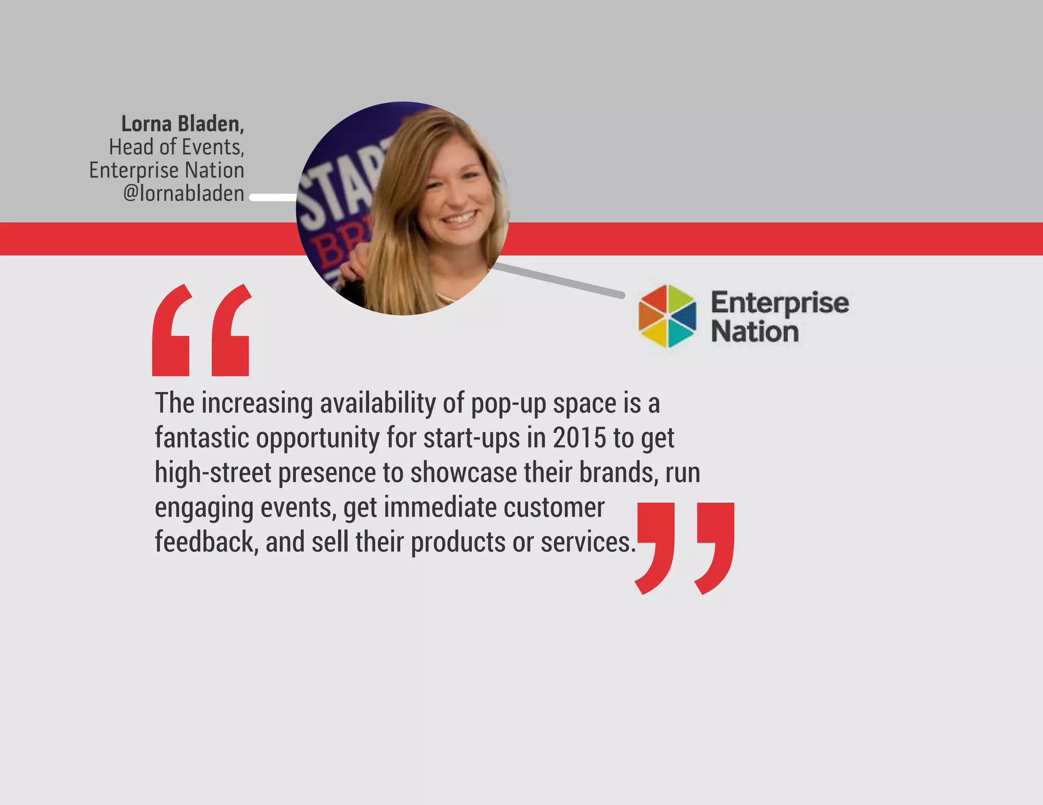 The increasing availability of pop-up space is a
fantastic opportunity for start-ups in 2015 to get
high-street presence to showcase their brands, run
engaging events, get immediate customer
feedback, and sell their products or services.
Lorna Bladen,
Head of Events,
Enterprise Nation
@lornabladen
“
”
 