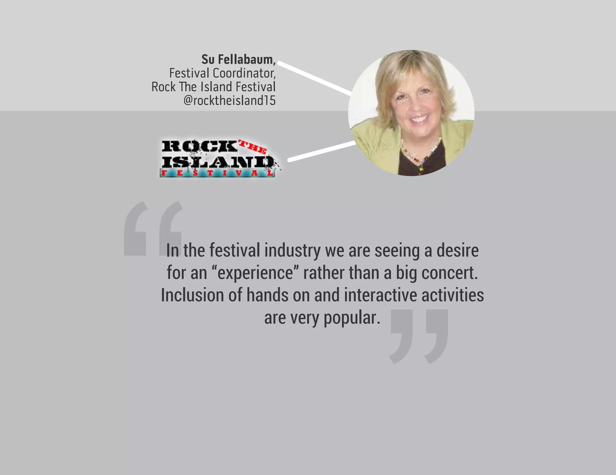 Su Fellabaum,
Festival Coordinator,
Rock e Island Festival
@rocktheisland15
“
“In the festival industry we are seeing a desire
for an “experience” rather than a big concert.
Inclusion of hands on and interactive activities
are very popular.
 