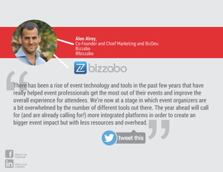 “
Alon Alroy,
Co-Founder and Chief Marketing and BizDev,
Bizzabo
@bizzabo
There has been a rise of event technology and tools in the past few years that have
really helped event professionals get the most out of their events and improve the
overall experience for attendees. We’re now at a stage in which event organizers are
a bit overwhelmed by the number of different tools out there. The year ahead will call
for (and are already calling for!) more integrated platforms in order to create an
bigger event impact but with less resources and overhead.
tweet this
Share it on
Facebook
Share it on
LinkedIn
 