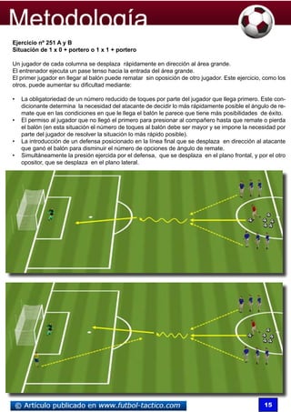 Ejercicio nº 251 A y B
Situación de 1 x 0 + portero o 1 x 1 + portero

Un jugador de cada columna se desplaza rápidamente en dirección al área grande.
El entrenador ejecuta un pase tenso hacia la entrada del área grande.
El primer jugador en llegar al balón puede rematar sin oposición de otro jugador. Este ejercicio, como los
otros, puede aumentar su dificultad mediante:

•	 La obligatoriedad de un número reducido de toques por parte del jugador que llega primero. Este con-
   dicionante determina la necesidad del atacante de decidir lo más rápidamente posible el ángulo de re-
   mate que en las condiciones en que le llega el balón le parece que tiene más posibilidades de éxito.
•	 El permiso al jugador que no llegó el primero para presionar al compañero hasta que remate o pierda
   el balón (en esta situación el número de toques al balón debe ser mayor y se impone la necesidad por
   parte del jugador de resolver la situación lo más rápido posible).
•	 La introducción de un defensa posicionado en la línea final que se desplaza en dirección al atacante
   que ganó el balón para disminuir el número de opciones de ángulo de remate.
•	 Simultáneamente la presión ejercida por el defensa, que se desplaza en el plano frontal, y por el otro
   opositor, que se desplaza en el plano lateral.




                                                                                                 15
 
