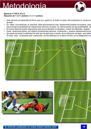 Ejercicio nº 255 A, B y C
Situación de 1 x 0 + portero o 1 x 1 + portero.

•	 Este ejercicio se desarrolla de forma que el ju- gador B, al recibir un pase del compañero A, conduce e
   de éste.
•	 En estas circunstancias, el atacante debe aproximarse lo más rápidamente posible a la portería para
   tras él tenga la posibilidad de interponerse entre él y la porte- ría, disminuyendo así las posibilidades de
•	 El mismo ejercicio puede organizarse para que el atacante se desplace a partir de diferentes ángulos r
•	 Estas situaciones tienen por objetivo fundamental presionar al atacante y resolver rápidamente la situ
•	 Se puede aumentar la dificultad de este tipo de ejercicios a través de la utilización de algún otro defen
   En este caso, el atacante será presionado por los defensas en el plano frontal y en la retaguardia o la




                                                                                                   18
 
