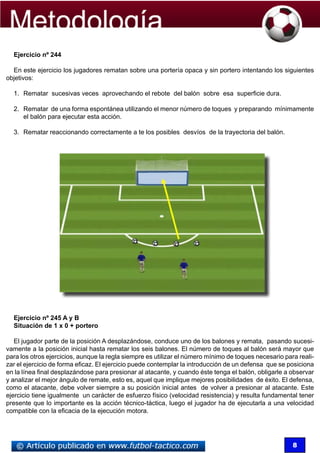 Ejercicio nº 244

  En este ejercicio los jugadores rematan sobre una portería opaca y sin portero intentando los siguientes
objetivos:

  1.	 Rematar sucesivas veces aprovechando el rebote del balón sobre esa superficie dura.

  2.	 Rematar de una forma espontánea utilizando el menor número de toques y preparando mínimamente
      el balón para ejecutar esta acción.

  3.	 Rematar reaccionando correctamente a te los posibles desvíos de la trayectoria del balón.




  Ejercicio nº 245 A y B
  Situación de 1 x 0 + portero

   El jugador parte de la posición A desplazándose, conduce uno de los balones y remata, pasando sucesi-
vamente a la posición inicial hasta rematar los seis balones. El número de toques al balón será mayor que
para los otros ejercicios, aunque la regla siempre es utilizar el número mínimo de toques necesario para reali-
zar el ejercicio de forma eficaz. El ejercicio puede contemplar la introducción de un defensa que se posiciona
en la línea final desplazándose para presionar al atacante, y cuando éste tenga el balón, obligarle a observar
y analizar el mejor ángulo de remate, esto es, aquel que implique mejores posibilidades de éxito. El defensa,
como el atacante, debe volver siempre a su posición inicial antes de volver a presionar al atacante. Este
ejercicio tiene igualmente un carácter de esfuerzo físico (velocidad resistencia) y resulta fundamental tener
presente que lo importante es la acción técnico-táctica, luego el jugador ha de ejecutarla a una velocidad
compatible con la eficacia de la ejecución motora.




                                                                                                       8
 