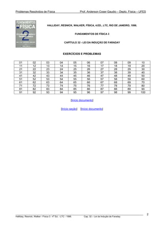 Problemas Resolvidos de Física Prof. Anderson Coser Gaudio – Depto. Física – UFES
HALLIDAY, RESNICK, WALKER, FÍSICA, 4.ED., LTC, RIO DE JANEIRO, 1996.
FUNDAMENTOS DE FÍSICA 3
CAPÍTULO 32 - LEI DA INDUÇÃO DE FARADAY
EXERCÍCIOS E PROBLEMAS
01 02 03 04 05 06 07 08 09 10
11 12 13 14 15 16 17 18 19 20
21 22 23 24 25 26 27 28 29 30
31 32 33 34 35 36 37 38 39 40
41 42 43 44 45 46 47 48 49 50
51 52 53 54 55 56 57 58 59 60
61 62 63 64 65 66 67 68 69 70
71 72 73 74 75 76 77 78 79 80
81 82 83 84 85 86 87 88 89 90
91 92 93 94 95 96 97 98 99 100
[Início documento]
[Início seção] [Início documento]
________________________________________________________________________________________________________
Halliday, Resnick, Walker - Física 3 - 4
a
Ed. - LTC - 1996. Cap. 32 – Lei da Indução de Faraday
2
 