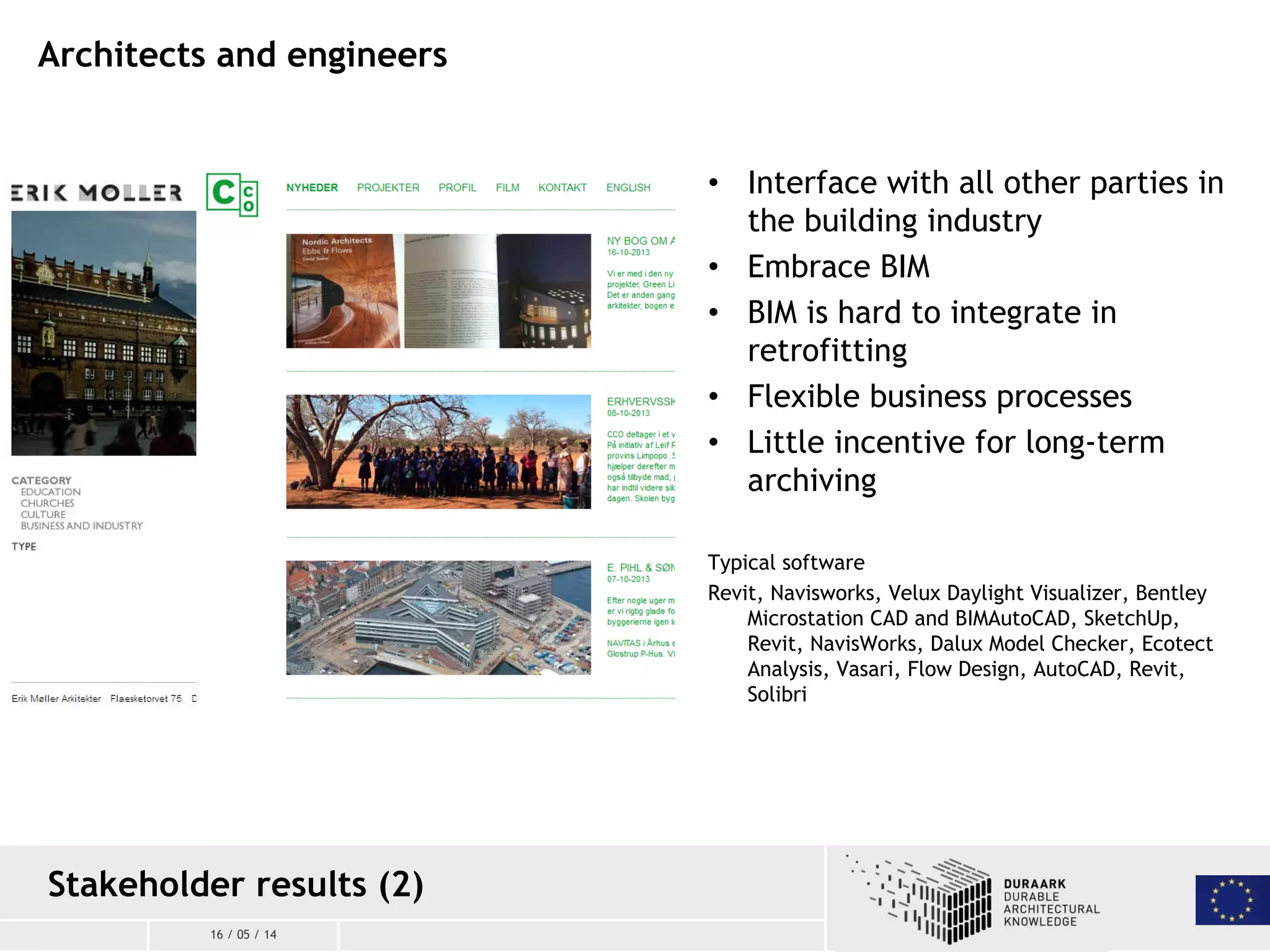 16 / 05 / 14
• Interface with all other parties in
the building industry
• Embrace BIM
• BIM is hard to integrate in
retrofitting
• Flexible business processes
• Little incentive for long-term
archiving
Typical software
Revit, Navisworks, Velux Daylight Visualizer, Bentley
Microstation CAD and BIMAutoCAD, SketchUp,
Revit, NavisWorks, Dalux Model Checker, Ecotect
Analysis, Vasari, Flow Design, AutoCAD, Revit,
Solibri
Architects and engineers
Stakeholder results (2)
 