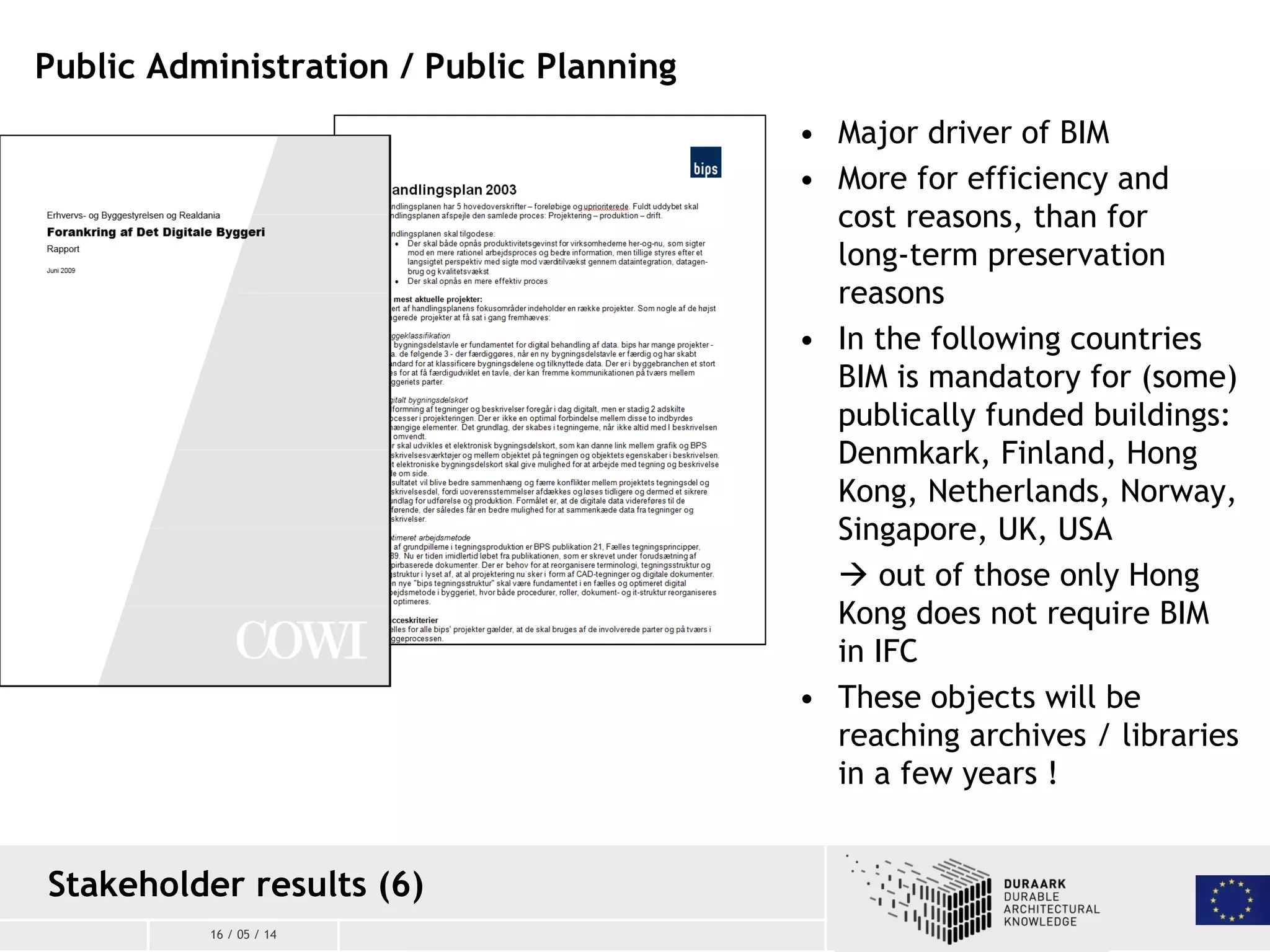 16 / 05 / 14
Public Administration / Public Planning
• Major driver of BIM
• More for efficiency and
cost reasons, than for
long-term preservation
reasons
• In the following countries
BIM is mandatory for (some)
publically funded buildings:
Denmkark, Finland, Hong
Kong, Netherlands, Norway,
Singapore, UK, USA
 out of those only Hong
Kong does not require BIM
in IFC
• These objects will be
reaching archives / libraries
in a few years !
Stakeholder results (6)
 