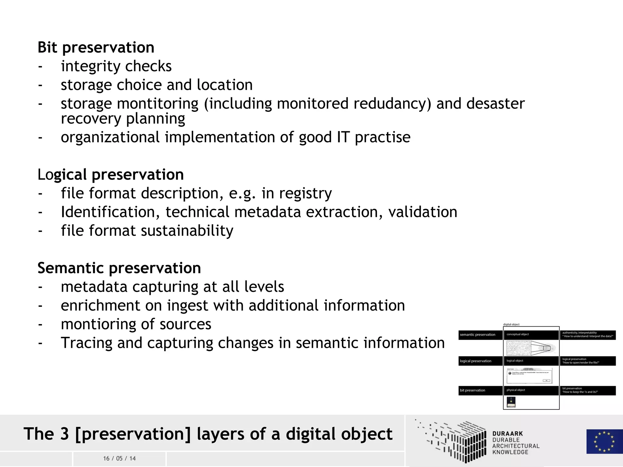 16 / 05 / 14
Bit preservation
- integrity checks
- storage choice and location
- storage montitoring (including monitored redudancy) and desaster
recovery planning
- organizational implementation of good IT practise
Logical preservation
- file format description, e.g. in registry
- Identification, technical metadata extraction, validation
- file format sustainability
Semantic preservation
- metadata capturing at all levels
- enrichment on ingest with additional information
- montioring of sources
- Tracing and capturing changes in semantic information
The 3 [preservation] layers of a digital object
 