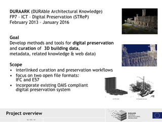 16 / 05 / 14
DURAARK (DURAble Architectural Knowledge)
FP7 – ICT – Digital Preservation (STReP)
February 2013 – January 20...