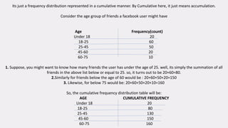 Its just a frequency distribution represented in a cumulative manner. By Cumulative here, it just means accumulation.
Consider the age group of friends a facebook user might have
Age Frequency(count)
Under 18 20
18-25 60
25-45 50
45-60 20
60-75 10
1. Suppose, you might want to know how many friends the user has under the age of 25. well, its simply the summation of all
friends in the above list below or equal to 25. so, it turns out to be 20+60=80.
2.Similarly for friends below the age of 60 would be : 20+60+50+20=150
3. Likewise, for below 75 would be: 20+60+50+20+10=160
So, the cumulative frequency distribution table will be:
AGE CUMULATIVE FREQUENCY
Under 18 20
18-25 80
25-45 130
45-60 150
60-75 160
 