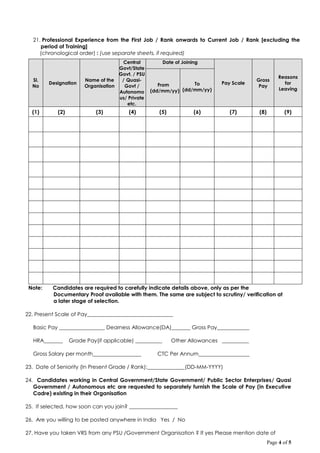 Page 4 of 5
21. Professional Experience from the First Job / Rank onwards to Current Job / Rank [excluding the
period of Training]
(chronological order) : (use separate sheets, if required)
Note: Candidates are required to carefully indicate details above, only as per the
Documentary Proof available with them. The same are subject to scrutiny/ verification at
a later stage of selection.
22. Present Scale of Pay________________________________
Basic Pay _________________ Dearness Allowance(DA)_______ Gross Pay____________
HRA_______ Grade Pay(if applicable) __________ Other Allowances __________
Gross Salary per month__________________ CTC Per Annum___________________
23. Date of Seniority (In Present Grade / Rank):______________(DD-MM-YYYY)
24. Candidates working in Central Government/State Government/ Public Sector Enterprises/ Quasi
Government / Autonomous etc are requested to separately furnish the Scale of Pay (in Executive
Cadre) existing in their Organisation
25. If selected, how soon can you join? __________________
26. Are you willing to be posted anywhere in India Yes / No
27. Have you taken VRS from any PSU /Government Organisation ? If yes Please mention date of
Sl.
No
Designation
Name of the
Organisation
Central
Govt/State
Govt. / PSU
/ Quasi-
Govt /
Autonomo
us/ Private
etc.
Date of Joining
Pay Scale
Gross
Pay
Reasons
for
Leaving
From
(dd/mm/yy)
To
(dd/mm/yy)
(1) (2) (3) (4) (5) (6) (7) (8) (9)
 