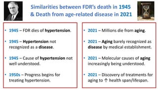 Similarities between FDR’s death in 1945
& Death from age-related disease in 2021
• 1945 – FDR dies of hypertension.
• 194...