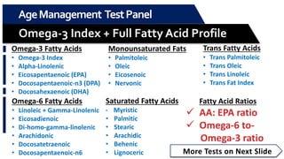 More Tests on Next Slide
AgeManagement TestPanel
Kidney and Liver Function Biomarkers
 eGFR
 LDH
 AST
 ALT
 GGT
 Bil...