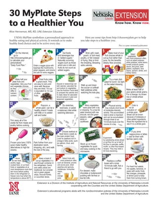 30 MyPlate Steps
to a Healthier You                                                                                                                             Know how. Know now.

Alice Henneman, MS, RD, UNL Extension Educator

    USDA’s MyPlate symbolizes a personalized approach to                                          Here are some tips from http://choosemyplate.gov to help
healthy eating and physical activity. It reminds us to make                                   you take steps to a healthier you.
healthy food choices and to be active every day.
                                                                                                                                                    This is a peer reviewed publication

1
	        On the Internet, 	
                               2                             3	      Eat foods
                                                                                             4	      Broil, grill, roast, 	
                                                                                                                              5
                                                                                                                              	       Make most of your 	
                                                                                                                                                               6
                                                                                                                                                                        Select 	
       go to 	                                                and beverages low                    poach, or boil meat,          fruit choices whole or           vegetables 	
 http://choosemyplate.gov                                     in “added sugars.”              poultry, or fish instead        cut-up fruit rather than         with more potassium often,
 to calculate your                                            Naturally occurring             of frying. Skip or limit        juice, for the benefits          such as sweet potatoes,
 personalized 	                                               sugars such as those            the breading. Breading          dietary fiber provides.          white potatoes, white beans,
 “Daily Food Plan.”                                           which are in milk and           adds calories.                                                   tomato products (paste,
                            Order a veggie pizza with                                                                                                          sauce, and juice), beet
                               toppings like mushrooms,       fruits do not count as                                                                           greens, soybeans, lima
                               green peppers, and onions,     added sugars.                                                                                    beans, spinach, lentils, and
                               and ask for extra veggies.                                                                                                      kidney beans.

7
	        Make half your 	
                               8
                               	       Dried fruits make 	
                                                             9                               10                               11
                                                                                                                               	     Try a main dish
                                                                                                                                                               12
     plate fruits and              a great snack. They                                                                         salad for lunch. Go light
 vegetables. Vary your fruit   are easy to carry and         Sauces or seasonings can                                          on the salad dressing.
 and vegetable choices,        store well. Because           add calories, saturated fat,     Walk up and down
 as they                       they are dried, 1/4 cup       and sodium to vegetables.        the soccer or softball
                                                             Use the Nutrition Facts label    field sidelines while                                            Make at least half of
 differ in                     is equivalent to 1/2 cup                                                                                                        your grains whole grains.
 nutrient                      of other 	                    to compare the calories and      watching the kids play.
 content.                      fruits.                       % Daily Value for saturated                                                                       For a change, try brown
                                                             fat and sodium in plain and                                                                       rice or whole-wheat
                                                             seasoned vegetables.                                                                              pasta.

13                             14
                                	         Popcorn, a 	
                                                             15
                                                              	      Do stretches, 	
                                                                                             16
                                                                                              	      Many vegetables 	
                                                                                                                              17
                                                                                                                               	      Physical activity 	
                                                                                                                                                               18
                                                                                                                                                                	      Color is 	
                                   whole grain, can be a          exercises, or pedal              taste great with a dip        may include short bouts           not an 	
                                healthy snack if made         a stationary bike while        or dressing. Try a low-fat       of moderate-intensity            indication of 	
                                with little or no added       watching television.           salad dressing with raw          activity. The accumulated        a whole grain. 	
                                salt and butter.                                             broccoli, red and green          total is what is important       Bread can be brown
                                                                                             peppers, celery 	                and can be accumulated           because of molasses or
                                                                                             sticks or 	                      through three to six             other added ingredients.
Trim away all of the                                                                         cauliflower.                                                      Read the ingredient list to
visible fat from meats and                                                                                                    10-minute bouts over the
                                                                                                                              course of a day.                 see if it is a whole grain.
poultry before cooking.

19                             20                            21
                                                              	      Choose seafood at 	     22                               23                               24
                                                                                                                                                                	     If you drink 	
                                                                  least twice a week as                                                                             cappuccinos or lattes
                                                             the main protein food.                                                                            — ask for them with 	
                                                             Look for seafood rich in                                         Experiment
                                                                                                                              by substituting whole wheat      fat-free (skim) milk.
                                                             omega-3 fatty acids, such
 Frozen juice bars (100%       Park further from your                                                                         or oat flour for up to half of
                                                             as salmon, trout, and           Stock up on frozen
 juice) make healthy           destination (work,                                                                             the flour in pancake, waffle,
                                                             herring.                        vegetables for quick             muffin, or other flour-based
 alternatives to high-fat      shopping, etc.) and walk
 snacks.                       the rest of the way.                                          and easy cooking in the          recipes. They may need a
                                                                                             microwave.                       bit more leavening.

25
 	        Never 	
                               26
                                	      Keep a bowl of 	
                                                             27
                                                              	       Select fruits with 	
                                                                                             28                               29                               30
    let raw meat, 	               cut-up vegetables in a            more potassium often,                                           Replace a coffee
 poultry, eggs, 	              see-through container in       such as bananas, prunes                                          break with a brisk
 cooked food, or cut fresh     the refrigerator. Carrot       and prune juice, dried                                           10-minute walk. Ask a
 fruits or vegetables sit at                                  peaches and apricots,                                                                            For fresh fruit salads,
                               and celery sticks are                                                                           friend to go with you.
 room temperature more than                                   cantaloupe, honeydew                                                                             mix apples, bananas, or
                               traditional, but consider                                     For dessert, make
 two hours before putting                                     melon, 	                                                                                         pears with acidic fruits
                               red or green pepper                                           chocolate or butterscotch
 them in the refrigerator or                                  and 	                                                                                            like oranges, pineapple,
                               strips, broccoli florets, 	                                   pudding with fat-free or
 freezer (one hour when the                                   orange 	                                                                                         or lemon juice to keep
                               or cucumber slices.
 temperature is above 90°F).                                  juice.                         low-fat milk.                                                     them from turning brown.

                                    Extension is a Division of the Institute of Agriculture and Natural Resources at the University of Nebraska–Lincoln
                                                                         cooperating with the Counties and the United States Department of Agriculture.

            ®
                                    Extension’s educational programs abide with the nondiscrimination policies of the University of Nebraska–Lincoln
                                                                                                   and the United States Department of Agriculture.
 