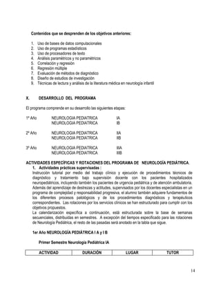 Contenidos que se desprenden de los objetivos anteriores:

     1.   Uso de bases de datos computacionales
     2.   Uso de programas estadísticos
     3.   Uso de procesadores de texto
     4.   Análisis paramétricos y no paramétricos
     5.   Correlación y regresión
     6.   Regresión múltiple
     7.   Evaluación de métodos de diagnóstico
     8.   Diseño de estudios de investigación
     9.   Técnicas de lectura y análisis de la literatura médica en neurología infantil


X.        DESARROLLO DEL PROGRAMA

El programa comprende en su desarrollo las siguientes etapas:

1º Año             NEUROLOGIA PEDIATRICA                      IA
                   NEUROLOGIA PEDIATRICA                      IB

2º Año             NEUROLOGIA PEDIATRICA                      IIA
                   NEUROLOGIA PEDIATRICA                      IIB

3º Año             NEUROLOGIA PEDIATRICA                      IIIA
                   NEUROLOGIA PEDIATRICA                      IIIB

ACTIVIDADES ESPECÍFICAS Y ROTACIONES DEL PROGRAMA DE NEUROLOGÍA PEDIÁTRICA.
   1. Actividades prácticas supervisadas :
   Instrucción tutorial por medio del trabajo clínico y ejecución de procedimientos técnicos de
   diagnóstico y tratamiento bajo supervisión docente con los pacientes hospitalizados
   neuropediátricos, incluyendo también los pacientes de urgencia pediátrica y de atención ambulatoria.
   Además del aprendizaje de destrezas y actitudes, supervisados por los docentes especialistas en un
   programa de complejidad y responsabilidad progresiva, el alumno también adquiere fundamentos de
   los diferentes procesos patológicos y de los procedimientos diagnósticos y terapéuticos
   correspondientes. Las rotaciones por los servicios clínicos se han estructurado para cumplir con los
   objetivos propuestos.
   La calendarización específica a continuación, está estructurada sobre la base de semanas
   secuenciales, distribuidas en semestres. A excepción del tiempos especificado para las rotaciones
   de Neurología Pediátrica, el resto de las pasadas será anotado en la tabla que sigue.

     1er Año NEUROLOGÍA PEDIÁTRICA I A y I B

          Primer Semestre Neurología Pediátrica IA

          ACTIVIDAD                    DURACIÓN                      LUGAR                TUTOR



                                                                                                     14
 