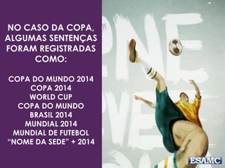 NO CASO DA COPA,
ALGUMAS SENTENÇAS
FORAM REGISTRADAS
COMO:
COPA DO MUNDO 2014
COPA 2014
WORLD CUP
COPA DO MUNDO
BRASIL 2014
MUNDIAL 2014
MUNDIAL DE FUTEBOL
“NOME DA SEDE” + 2014
 