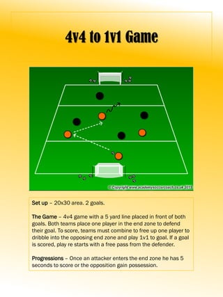 4v4 to 1v1 Game
Set up – 20x30 area. 2 goals.
The Game – 4v4 game with a 5 yard line placed in front of both
goals. Both teams place one player in the end zone to defend
their goal. To score, teams must combine to free up one player to
dribble into the opposing end zone and play 1v1 to goal. If a goal
is scored, play re starts with a free pass from the defender.
Progressions – Once an attacker enters the end zone he has 5
seconds to score or the opposition gain possession.
 